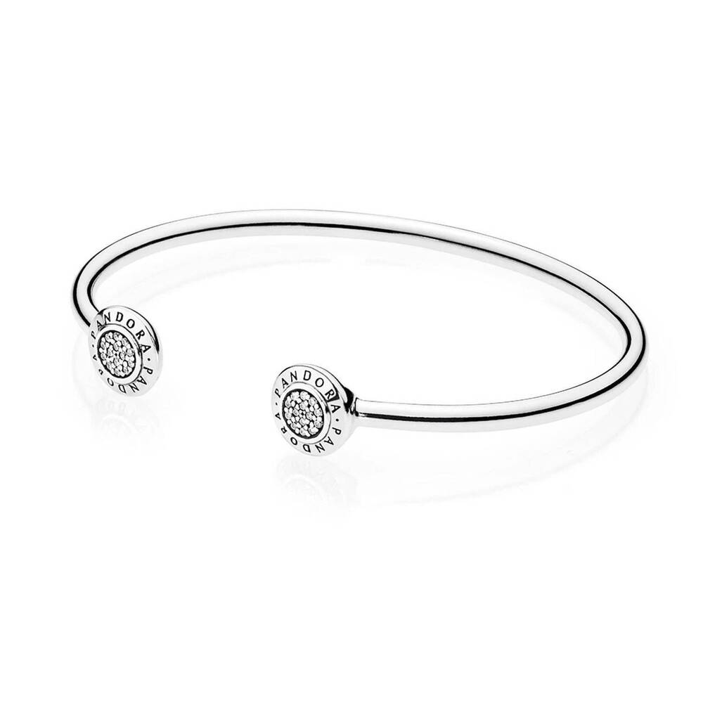NEW PANDORA women's open bangle bracelet with round pave ends in silver